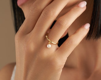 Gold Filled Pearl Fidget Ring, Sterling Silver, Adjustable