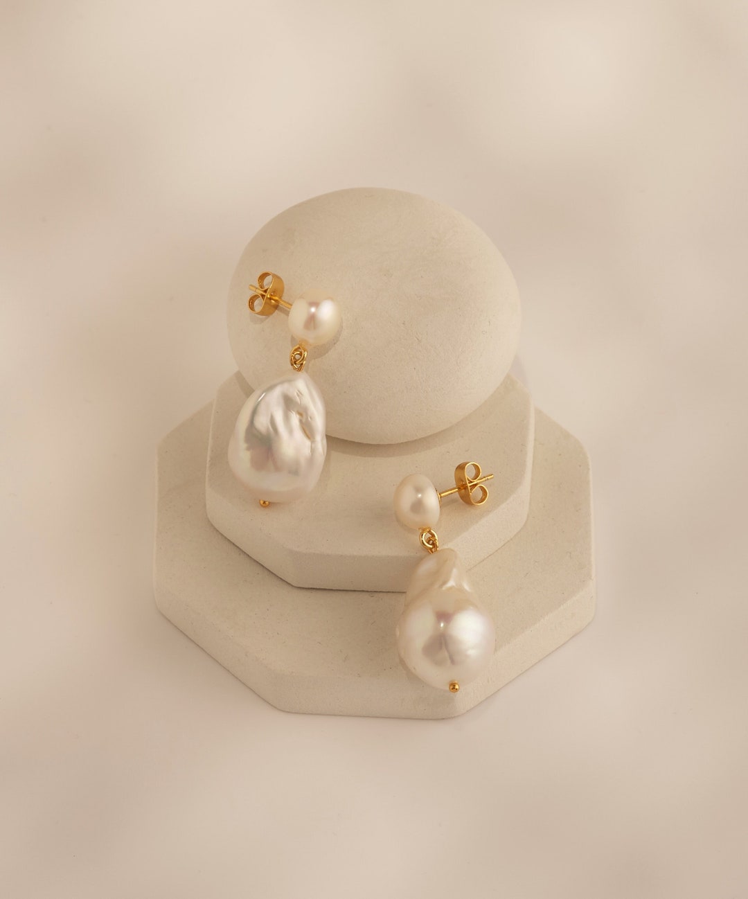 Earrings - Baroque Pearl Patterned Hoop Cream main image 1