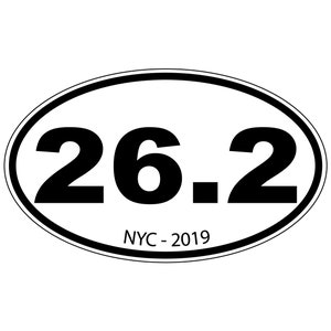 May include: Black and white oval sticker with the text "26.2 NYC - 2019".