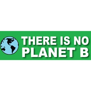 May include: Green rectangular sign with white text that reads "THERE IS NO PLANET B". A blue globe with black continents is on the left side of the sign.