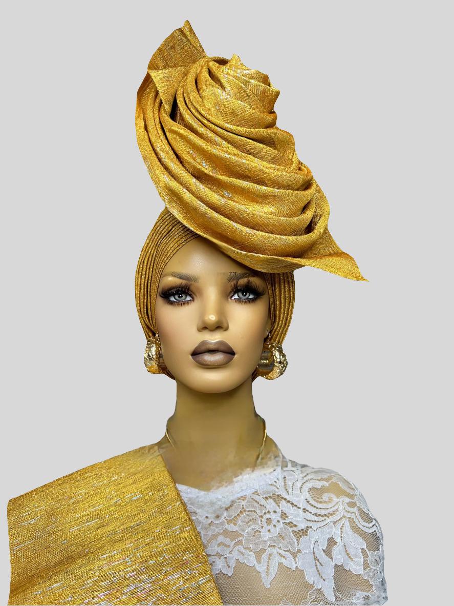 100% Authentic Aso-oke Yellow Full Ice Cream Style Auto Gele  display picture 2