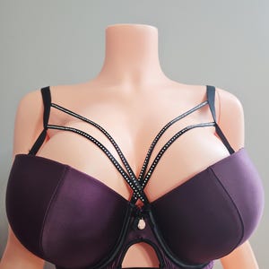 Puede incluir: Sujetador color ciruela con tirantes negros y detalles decorativos de pedrer&iacute;a. El sujetador presenta un dise&ntilde;o &uacute;nico de tiras en el pecho y un peque&ntilde;o colgante. Las copas son lisas y la aros est&aacute;n delineados en negro.