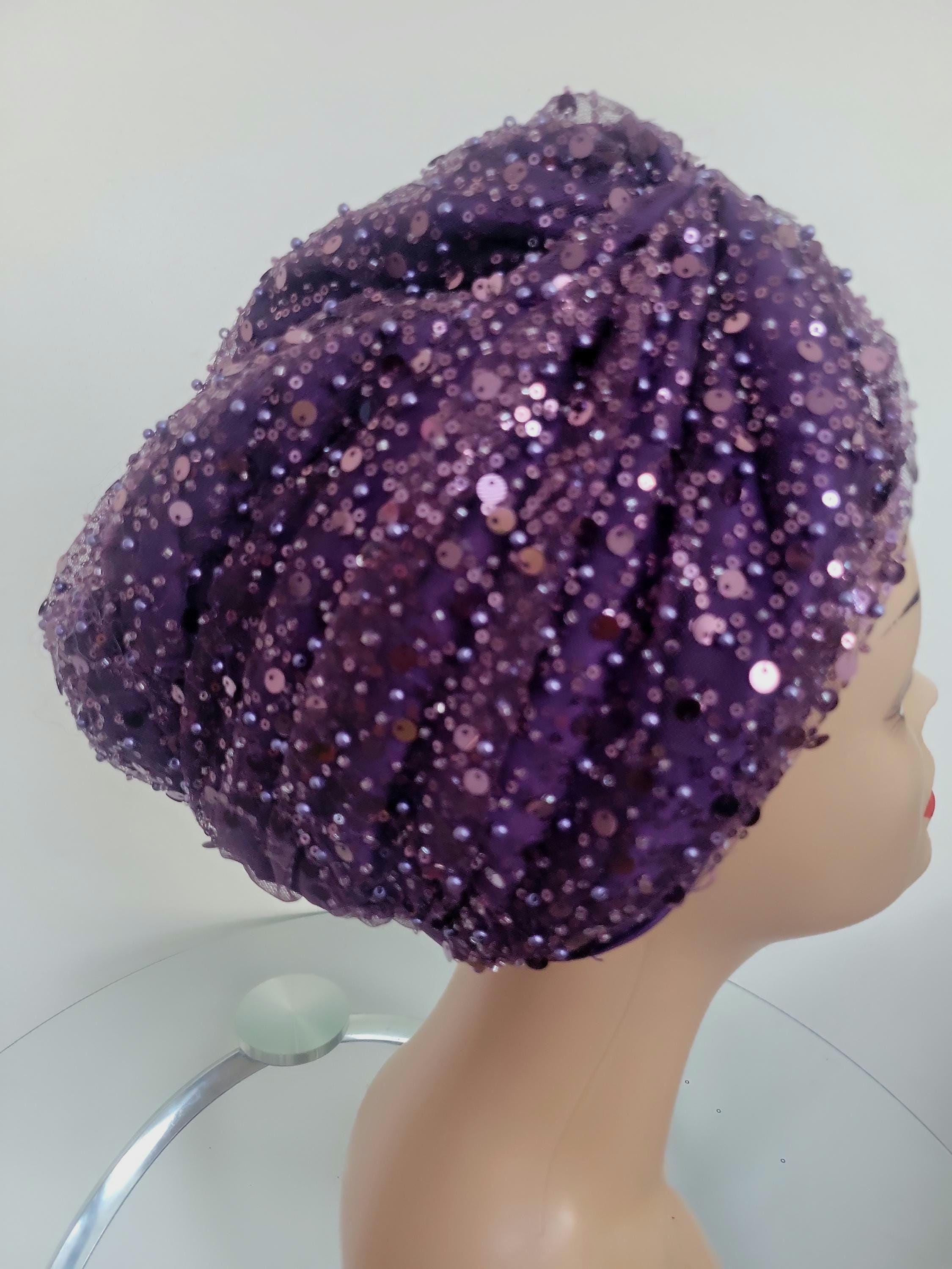 Embellished Sequins Net Lace Purple Turban - Etsy display picture 2