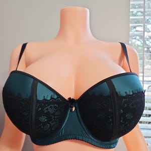 May include: Teal-colored bra with black lace detailing and black straps. The bra features a satin finish and a small bow accent between the cups. The lace is intricately designed, adding a touch of elegance to the lingerie.