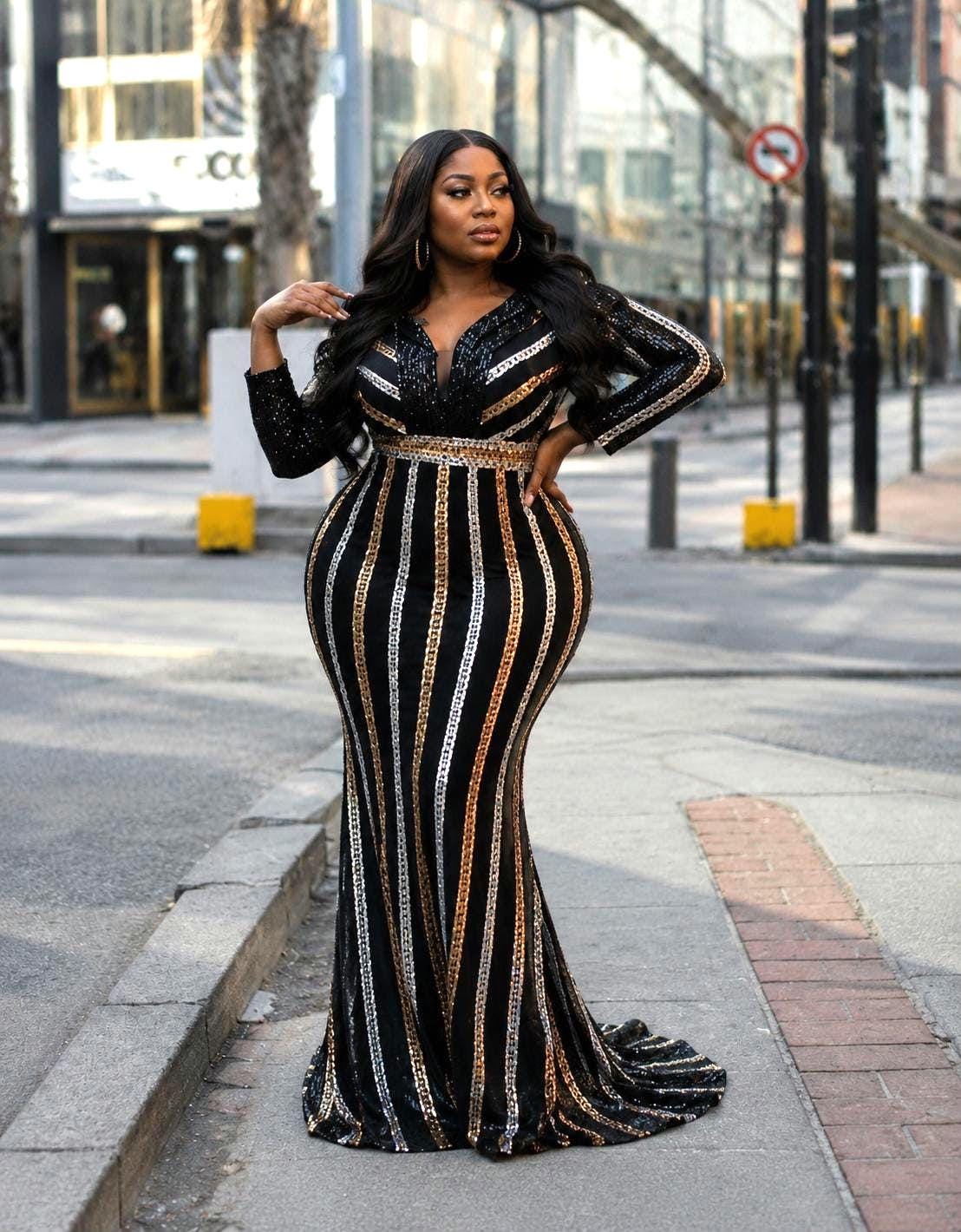 plus size black and gold sequin dress Black/Gold Silver Plus-Size Rhinestone Formal Long Evening 1980s Dress