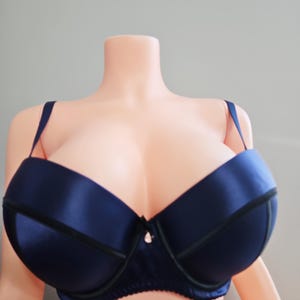 May include: A navy blue bra with black trim and adjustable straps. The bra has a satin finish and a small bow detail at the center. The bra is displayed on a mannequin.