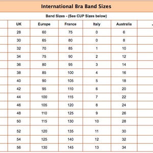 Puede incluir: Una tabla titulada "Tallas internacionales de contorno de sujetador" muestra las conversiones de tallas de sujetador. Incluye columnas para EE. UU., Reino Unido, Europa, Francia, Italia, Australia y Jap&oacute;n, con valores num&eacute;ricos correspondientes.