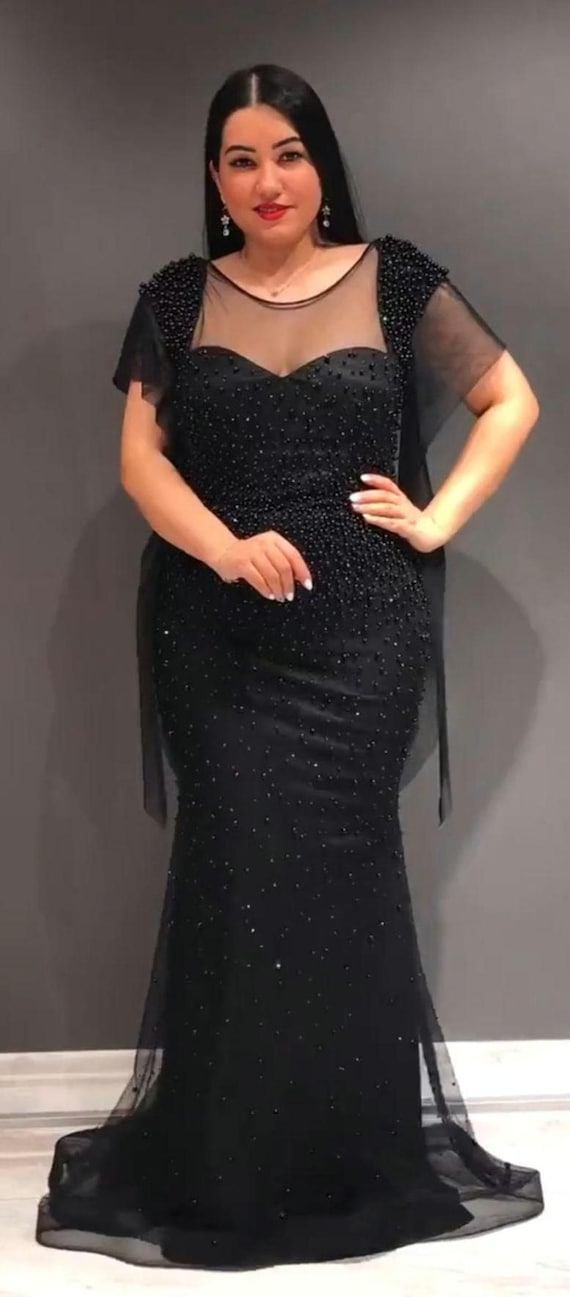 Black Beaded Floor Length Plus-size Evening Dress