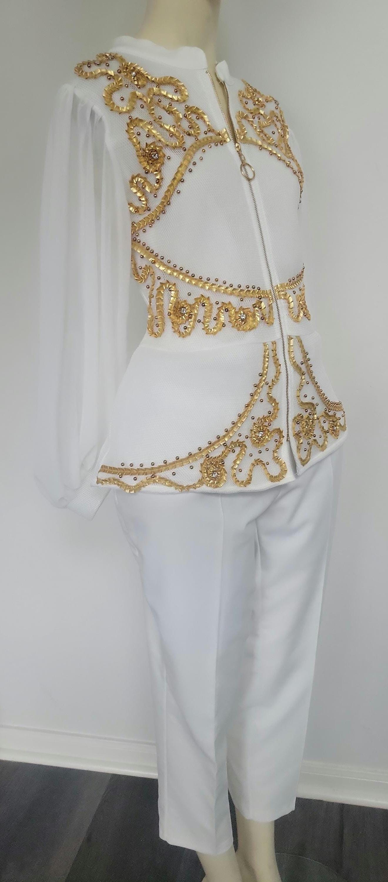 green emerald velvet dress White Shawl Lapel 3-Piece Prom Suit with Golden Beading main image 1
