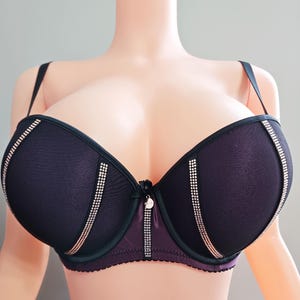 May include: A dark purple bra with black trim and rhinestone accents. The bra has adjustable straps and a small bow detail in the center. The bra is displayed on a mannequin.
