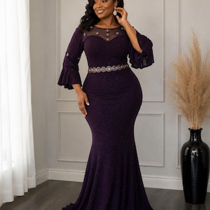 Dark Purple Pleated Maxi Dress, Plus Size V Neck Evening Gown With Mid Sleeves, XS-5XL