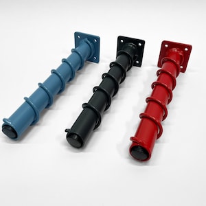 May include: Three metal furniture legs in blue, black, and red. Each leg has a square top with screw holes and a spiral design around the cylindrical body. The legs are on a white background.