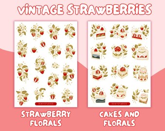 Fresas vintage: hoja de calcomanías resistentes a la intemperie / Bullet Journal, diario, planificador, papelería, amigos por correspondencia, álbum de recortes, calcomanía