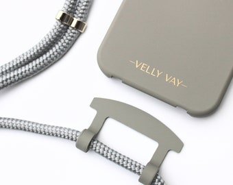 VELLY VAY Cold Stone CASE 2 in 1 mit abnehmbarem Handyband Mouse Grey | Handykette in Taupe für iPhone 14 Plus, iPhone 15 Pro, Samsung S21