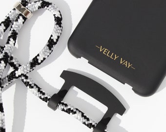 VELLY VAY Black Case 2 in 1 mit abnehmbaren Handyband | Handykette Moonlight Handyhülle zum Umhängen für iPhone 15 Pro Max, Samsung S23