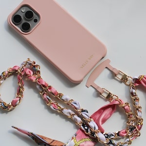 Chaîne de téléphone portable étui rose clair avec foulard en soie chaîne dorée étui de téléphone bandoulière chaîne de smartphone iPhone et Samsung VELLY VAY accessoire cadeau femme