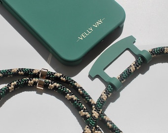 Checkered design phone case, turquoise with detachable phone cord, VELLY VAY Handmade phone strap, dark green case for iPhone 15 Pro & Samsung