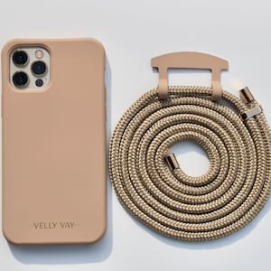 VELLY VAY Cappuccino CASE 2 in 1 mit abnehmbarer Handykette Greygold, Handyband  | iPhone 16e, iPhone 15 Pro, Samsung S24,Samsung S25 Ultra