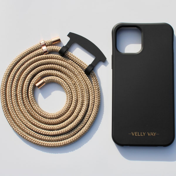 VELLY VAY Black CASE 2 in 1 mit abnehmbarer Handykette Greygold, Handyband  | iPhone 15 Pro Max, iPhone 14, Samsung S23 Ultra, Samsung S22