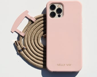 VELLY VAY Powder Pink Case 2 in 1 mit abnehmbarem Handyband Greygold | Handykette für iPhone 16 Pro, iPhone 14, iPhone 12 Pro, Samsung S10