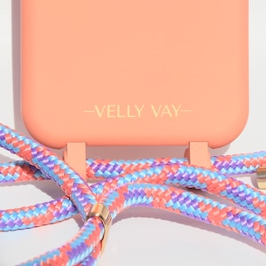 VELLY VAY Chaîne de téléphone portable, pochette pour téléphone portable, cordon de téléphone portable à suspendre autour du cou en pêche avec sangle de téléphone portable amovible pour iPhone 7+, 8 Plus
