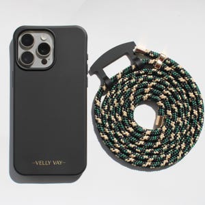 Funda para teléfono celular negra, cadena para teléfono celular con diseño de cuadros para iPhone y Samsung con correa para el cuello extraíble, cable para teléfono celular hecho a mano extraíble | Caso VELLY VAY