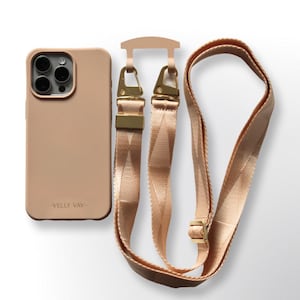 Étui 2 en 1 Velly Vay Cappuccino avec bandoulière amovible beige, chaîne pour téléphone portable | iPhone 16, iPhone 15 Pro Max, Samsung S25 Ultra, Samsung S24 Plus