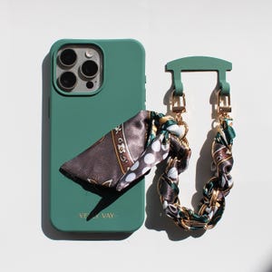 Ensemble de chaîne de téléphone portable pour iPhone et Samsung, étui de téléphone portable vert foncé et foulard en soie à chaîne courte avec mousquetons – étui de téléphone portable élégant pour femme VELLY VAY