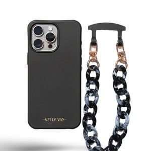 VELLY VAY Etui Noir 2 en 1 avec chaîne amovible New York | Chaîne de téléphone portable iPhone 16 Pro, iPhone 13, Samsung S24 Plus, Samsung S22