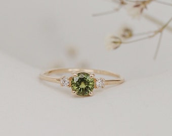 Groene saffier diamanten ring, groene saffier verlovingsring, unieke verlovingsring, natuurlijke saffier diamanten ring, gouden verlovingsring