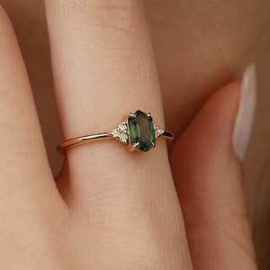 Green Sapphire Diamond Ring , Long Hexagon Green Sapphire Engagement Ring , Alternative Engagement Ring , Natural Sapphire Diamond Ring