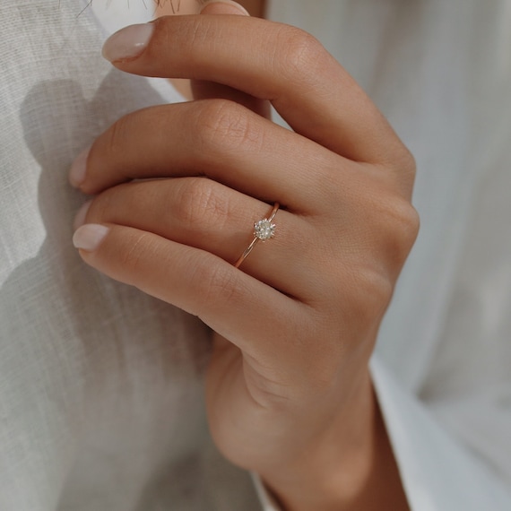 Diamond Solitaire Ring Dainty Diamond Engagement Ring Six Etsy