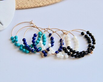 Paros large model, pair of hoop earrings, 3 micron gold plated, natural pearls and tassel