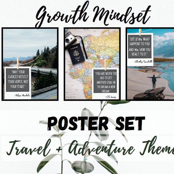 Growth Mindset Poster Set of 20 | Travel and Adventure Themed Bulletin Board | Classroom Decor | Teacher Gift