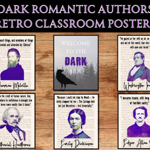 Puede incluir: Un conjunto de seis carteles retro para el aula con famosos autores románticos oscuros. Cada cartel presenta un retrato del autor, una cita y una tarjeta de título con el nombre del autor. Los carteles están diseñados para parecerse a portadas de libros antiguos.