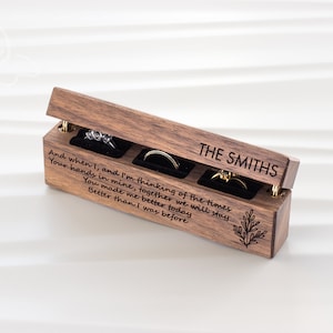 Personalized Triple Ring Box, Slim Wedding Ring Box, 3 Ring Engraved Wood Ring Box, Engagement Ring Box, Custom Ring Holder, Ring Bearer Box