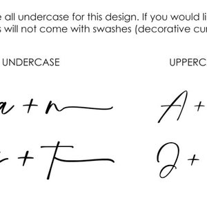 May include: A visual guide showing the difference between lowercase and uppercase letters in a handwritten font. The lowercase letters have decorative curved lines, while the uppercase letters do not.