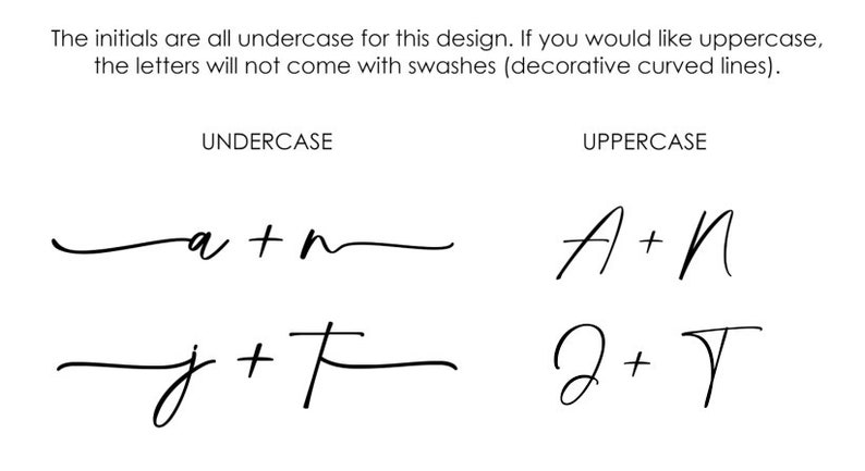 May include: A visual guide showing the difference between lowercase and uppercase letters in a handwritten font. The lowercase letters have decorative curved lines, while the uppercase letters do not.