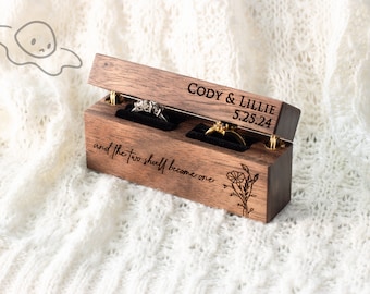 Slim Double Ring Box, Engraved Wedding Ring Box, Custom Wood Ring Bearer Box for Wedding Ceremony, Proposal or Engagement Gift, Couples Gift