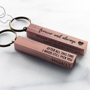 May include: Two wooden keychains with engraved messages. The first keychain says "forever and always Happy 20th Anniversary! I will always love you." The second keychain says "After all this time I wood still pick you 10/24/17".
