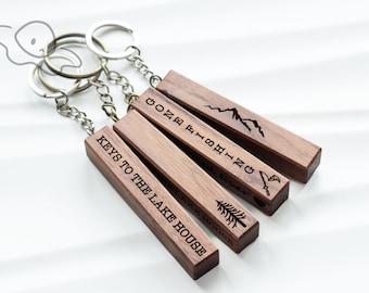 XL Wood Bar Keychain, Cabin Keychain, Custom 4 Sided Engraved Keychain for New Home Car, Wood Keychain, Gift for Dad, 5th Anniversary Gift