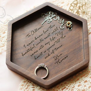 Hexagon Wood Tray, 5th Anniversary Gift, Engraved Ring Dish, Wedding Gift, Engagement Gift, Mother of the Bride, Bridal Gift, Christmas Gift