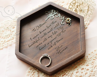 Hexagon Wood Tray, 5th Anniversary Gift, Engraved Ring Dish, Wedding Gift, Engagement Gift, Mother of the Bride, Bridal Gift, Christmas Gift