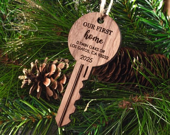 Our First Home Ornament, New Home Gift, Custom Christmas Gift, Wood Key Ornament, Housewarming Gift, Address Ornament, New Home Gift