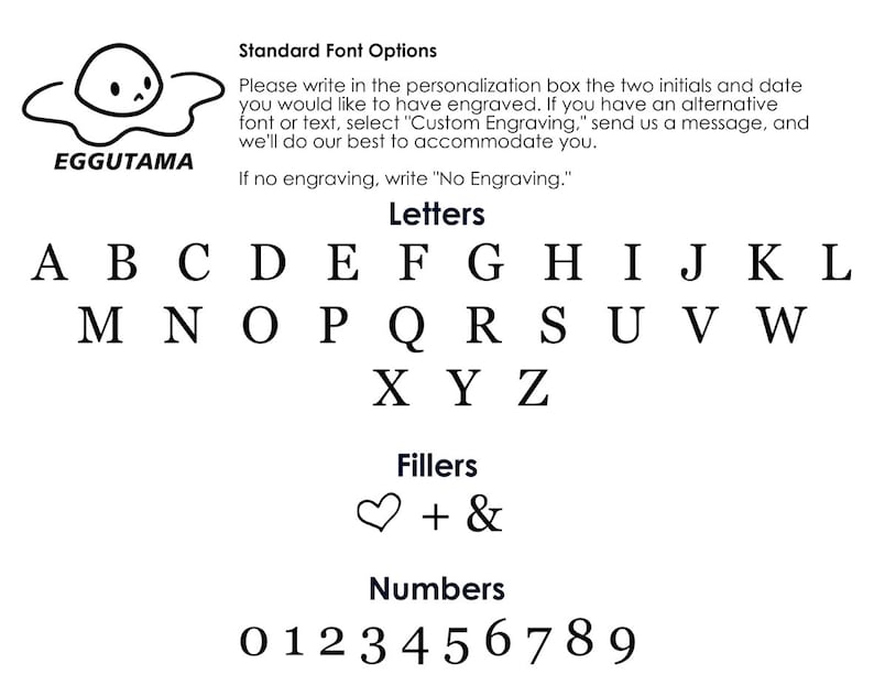 May include: A black and white illustration of a cartoon egg with a sad face. The image includes the text "EGGUTAMA" and lists the letters of the alphabet, numbers 0-9, and symbols plus and ampersand. The text "Standard Font Options" is also included.