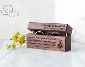 Slim Double Ring Box, Engraved Wedding Ring Box, Custom Wood Ring Bearer Box for Wedding Ceremony, Proposal or Engagement Gift, Couple Gift