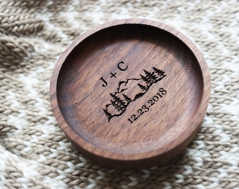 Personalized Walnut Ring Dish, Mountain Forest Engraved