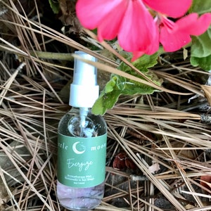 Op de afbeelding: Een doorzichtige glazen fles met een witte spuitdop en een groen label met de tekst "Little Moon Energize Aromatherapy Mist Handmade in San Diego 1 oz / 30 ml".