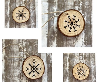 Set of 4 Snowflake Rustic Wood Slice Christmas Ornaments, Snowflake Decorations, Wood Slice Christmas Tree Ornaments, Holiday Decor