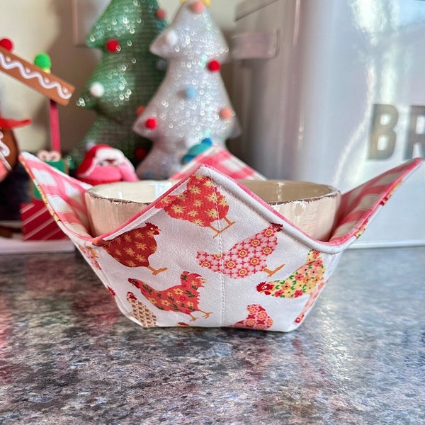 Farmhouse Chickens and Plaid Microwave Bowl Cozy, Bowl Cozy for Ice Cream Bowl, Hot Bowl Cozy, Soup Bowl Holder, Chicken Kitchen Decor